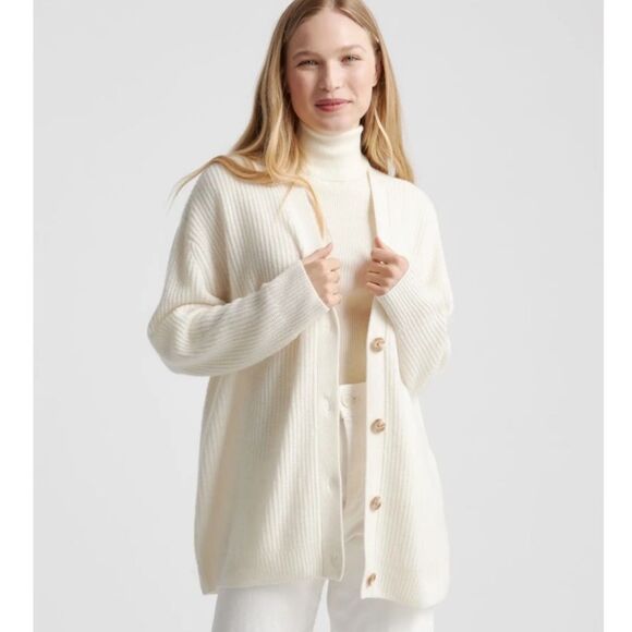 Quince Oversized Ribbed Cream Boyfriend 100% Cashmere Jenni Kayne Cardigan Small - Picture 1 of 10
